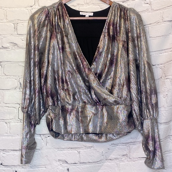 Maison D' Amelie Paris Silver Metallic Long Sleeve Blouse Size Small - Picture 1 of 12